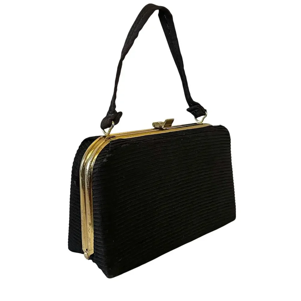 1950s Vintage Black Pleated Faille Top Handle Frame Handbag